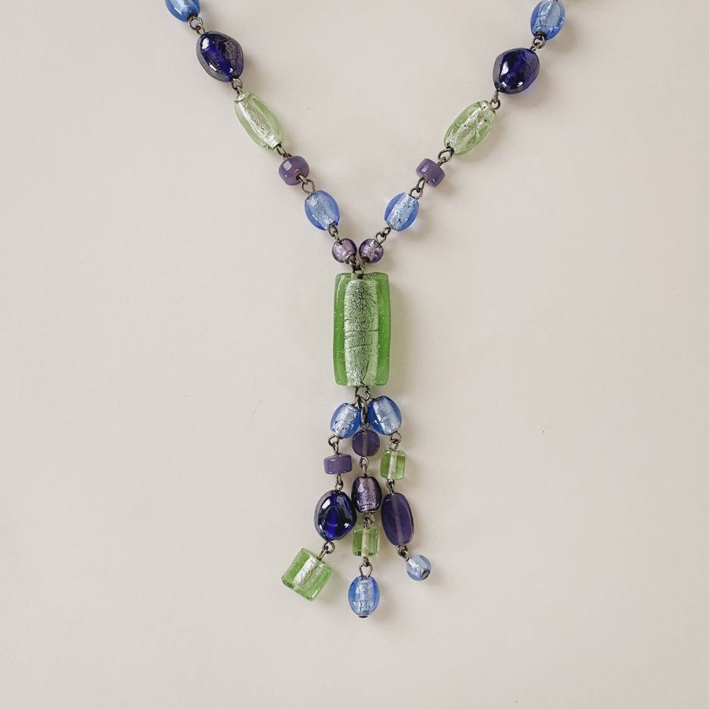 Coldwater Creek Blue Pastel Green Chunky Foil Glass Beaded Bar Tassel Necklace